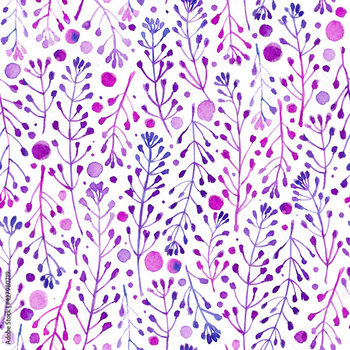 Pattern of flowers and grasses painted with watercolors on white background. Green leaves and flowers on a white background.