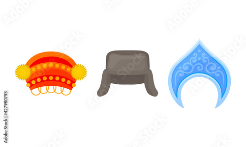 Various National Headdress with Kokoshnik and Fur Hat with Earflaps Vector Set