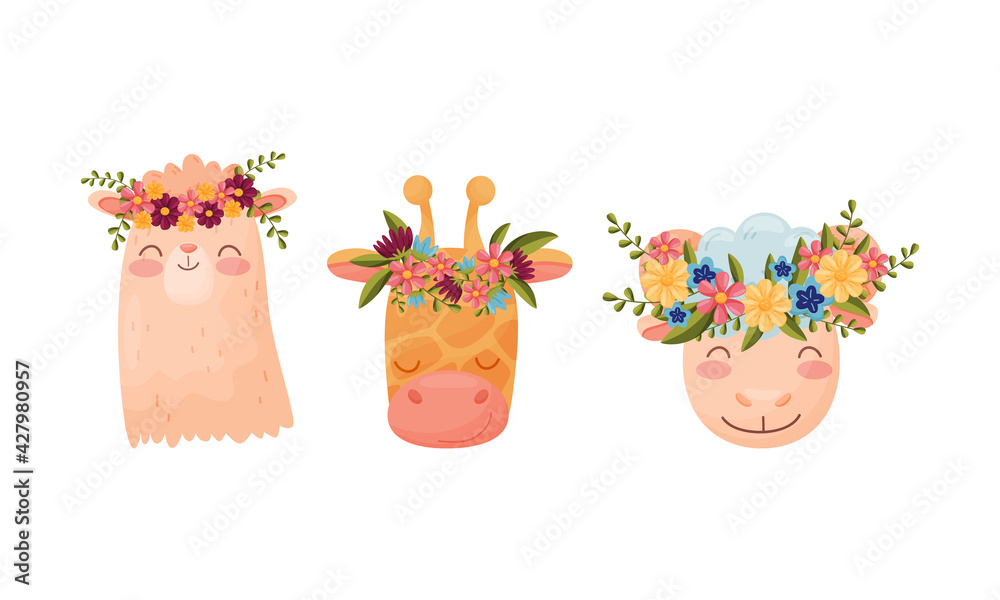 Fototapeta premium Cute Animal with Floral Wreaths on Their Head Vector Set