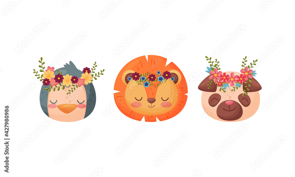 Cute Animal with Floral Wreaths on Their Head Vector Set Cute Animal with Floral Wreaths on Their Head Vector Set