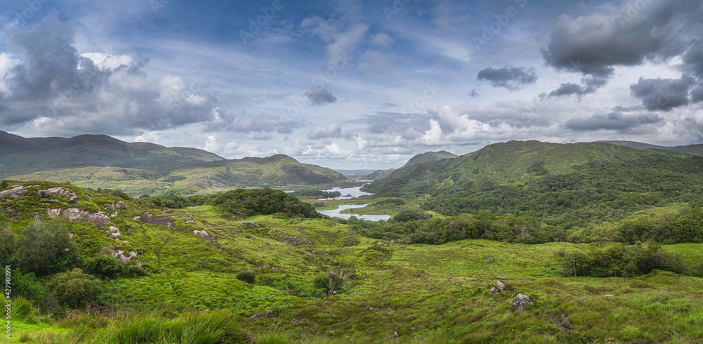 Irish iconic viewpoint, Ladies View, closeup on lakes, green valley and mountains, Killarney, Rink of Kerry, Ireland