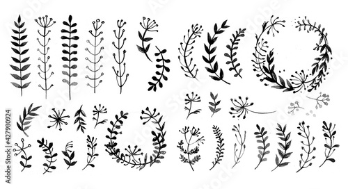 Fototapeta Naklejka Na Ścianę i Meble -  Set of flowers painted in watercolor on white paper. Sketch of flowers and herbs. Wreath, garland of flowers.