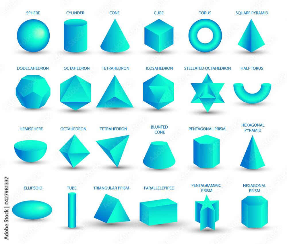 Vector realistic 3D blue geometric shapes isolated on white background. Maths geometrical figure form, realistic shapes model. Platon solid. Geometric shapes icons for education, business, design. - obrazy, fototapety, plakaty 