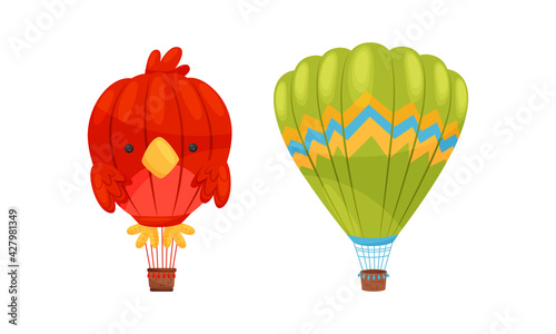 Hot Air Balloon as Light Aircraft with Envelope Containing Heated Air and Gondola or Basket Vector Set