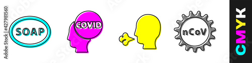 Set Bar of soap, Corona virus covid-19, Man coughing and Corona virus 2019-nCoV icon. Vector