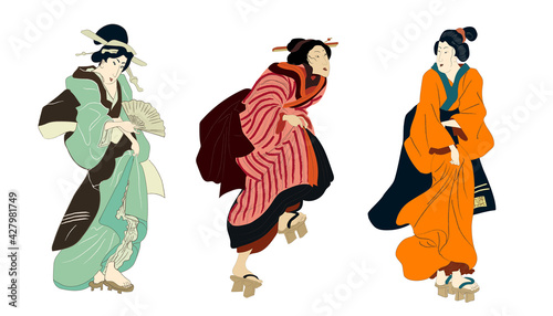 Ukiyo-e beauty woman, japanese geisha in kimono vector illustration. Japan art of asian girl, cute woman fashion. Japanese style dress of edo period.