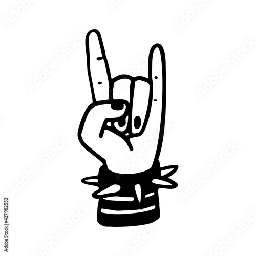 Punk rock collection. Devil s horns gesture, a human hand showing rock sign. Vector illustration on white background.