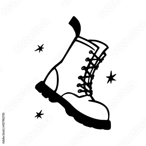 Punk rock collection. Military boot monochrome icon, grunge style army shoe. Vector illustration on white background.