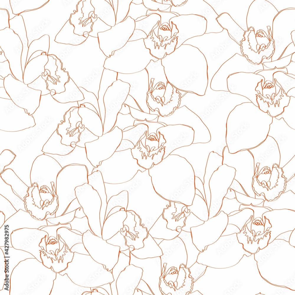 Seamless floral pattern with orchids Cymbidium, beige line on white. Hand drawn illustration for fabric, wrapping, prints and other design. Seamless floral pattern with orchids Cymbidium, beige line on white. Hand drawn illustration for fabric, wrapping, prints and other design.