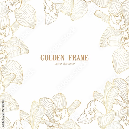 Golden orchid flowers Background Illustration. Tropical line flowers frame.  Exotic hawaiian jungle, summer time border frame. 