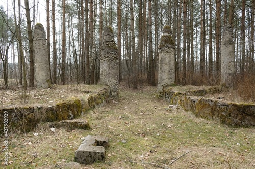 Interesting columns in forest in Plociczno, Kociewie, Poland - remnant of  ancient gardens, where, according to stories of  local population, there was  statue of Marshal Hindenburg photo