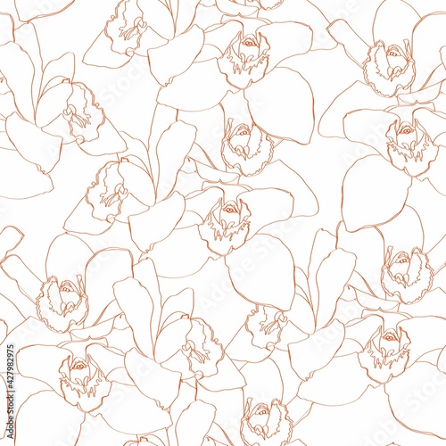 Seamless floral pattern with orchids Cymbidium, beige line on white. Hand drawn illustration for fabric, wrapping, prints and other design.