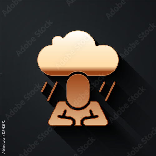 Gold Depression and frustration icon isolated on black background. Man in depressive state of mind. Mental health problems. Long shadow style. Vector