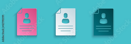 Paper cut Resume icon isolated on blue background. CV application. Searching professional staff. Analyzing personnel resume. Paper art style. Vector