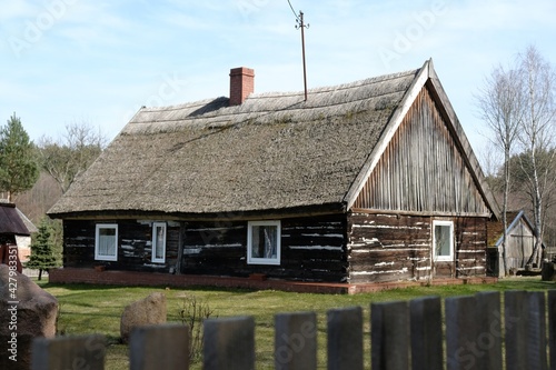 An old wooden hut covered with straw in polish countryside in Kociewie, Poland photo