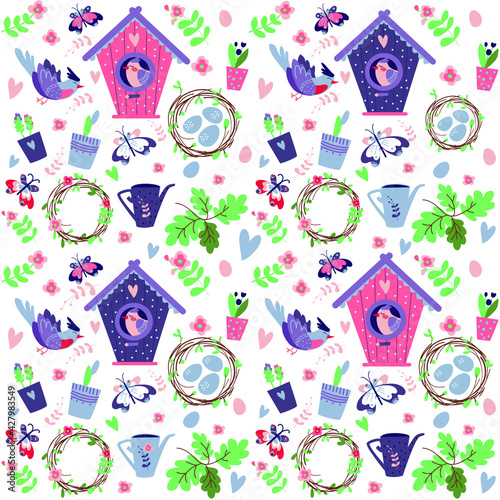 seamless pattern with cute birds and 