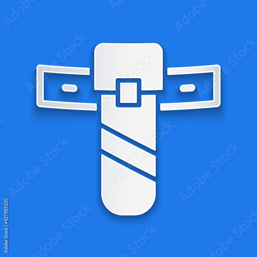 Paper cut Knife holster icon isolated on blue background. Paper art style. Vector