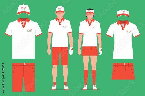 Golf clothes. Men's and women's t-shirt design template, cap and shorts. Sports uniform