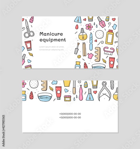 Business card nail salon. Template design for your Manicure studio. Doodle sketch. Fashion hand drawn illustration.