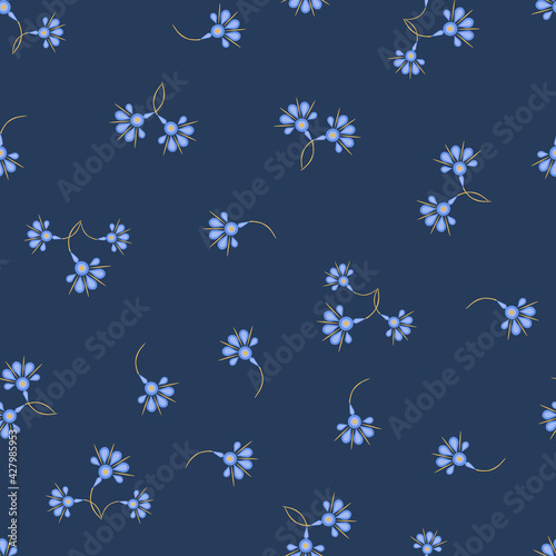 Simple vector floral seamless pattern. Abstract background with small scattered hand drawn flowers. Liberty style wallpapers. Elegant ditsy texture. Blue and gold color. Repeat minimal ornate design