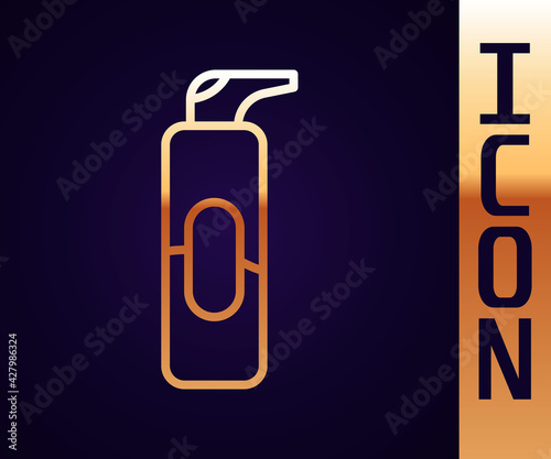 Gold line Spray can for hairspray, deodorant, antiperspirant icon isolated on black background. Vector Illustration