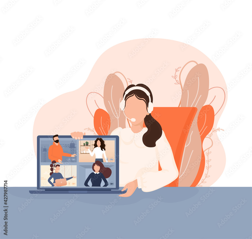Flat illustration. Video conference. Video call between friends, chatting online by mobile app. Stay at home, work, communication remotely. Vector illustration. Flat illustration. Video conference. Video call between friends, chatting online by mobile app. Stay at home, work, communication remotely. Vector illustration.