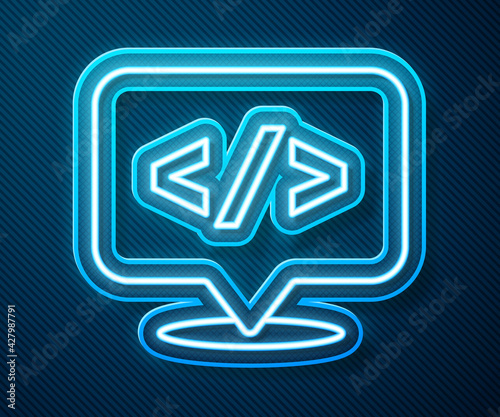 Glowing neon line Web design and front end development icon isolated on blue background. Vector