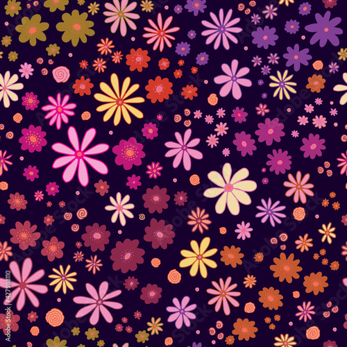 Flower field on purple seamless vector pattern. Repeating dense liberty doodle flower meadow background. Scandinavian style line art florals. For fabric, wallpaper, texture