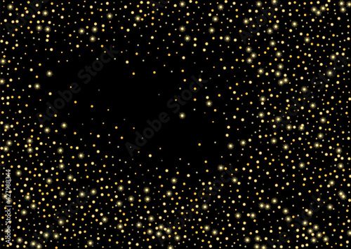 Gold glitter confetti on a black background. Shiny particles scattered, sand. Decorative element. Luxury background for your design, cards, invitations, vector