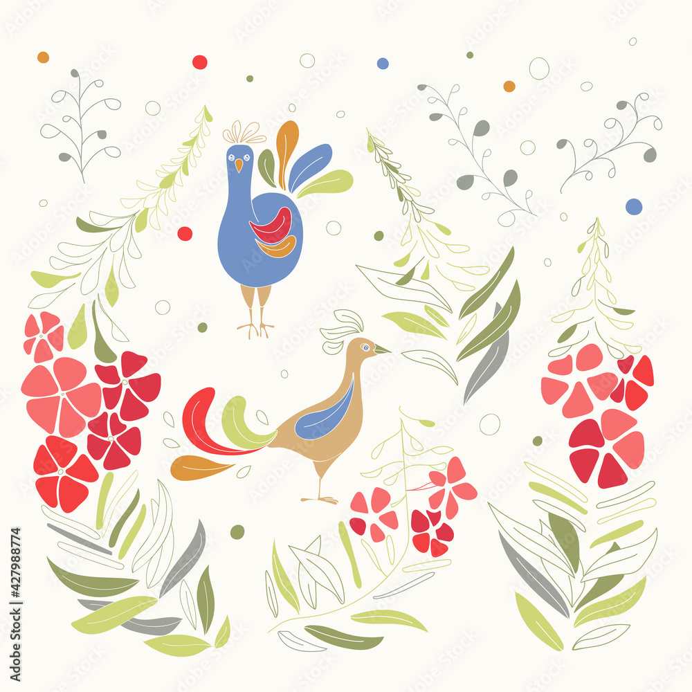 bird and flowers. set of decorative floral illustrations. Vector colorful ornament with willow-herb flowers, fireweed and birds in ethnic style bird and flowers. set of decorative floral illustrations. Vector colorful ornament with willow-herb flowers, fireweed and birds in ethnic style