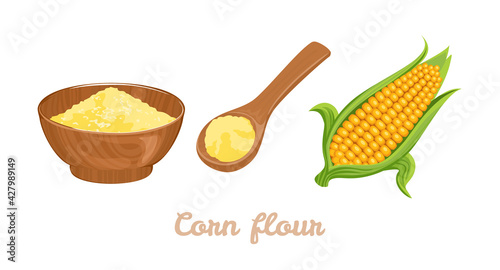 Corn flour in a wooden bowl, spoon and yellow maize isolated on white background. Vector illustration in cartoon flat style.