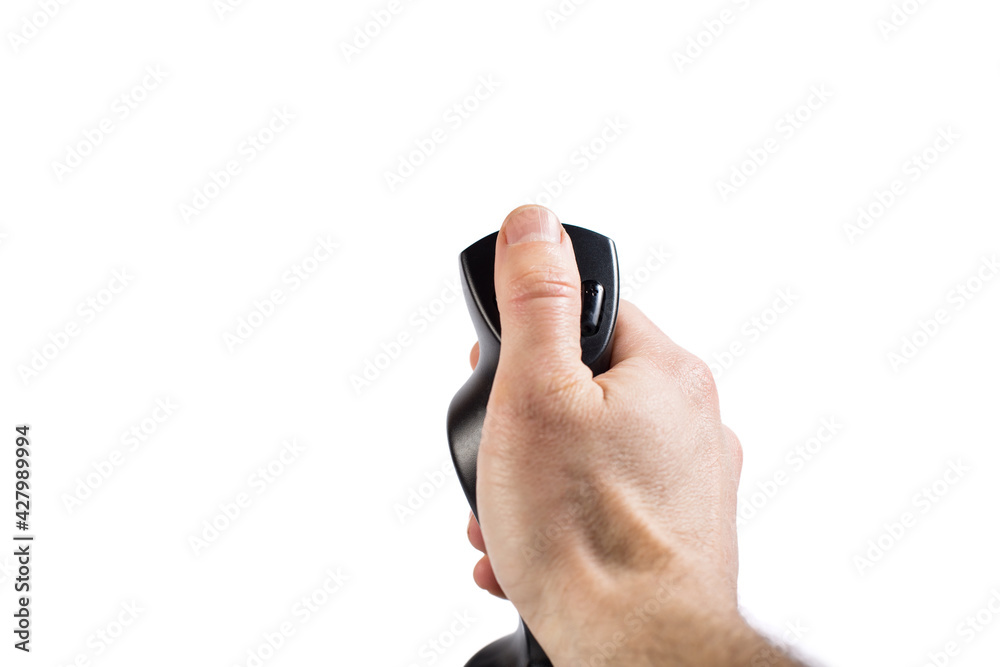 Hand holding simulator for video games isolated on a white. Joystick for aircraft games in hand. Hand holding simulator for video games isolated on a white. Joystick for aircraft games in hand.
