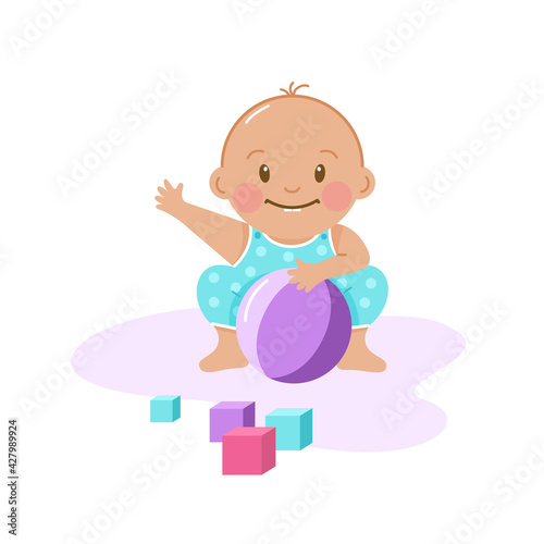 Cute toddler in sliders playing with a ball. Vector in a flat cartoon style. Isolated on a white background.