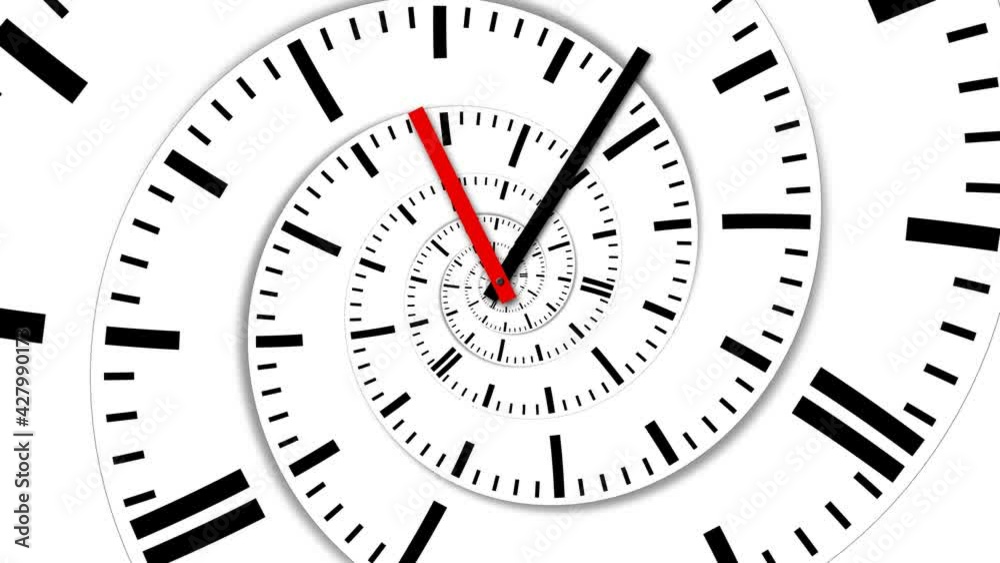 Endless looping spiral modern clock with minute and hour hands, abstract time passing by, business deadline, countdown or lifetime concept on white background