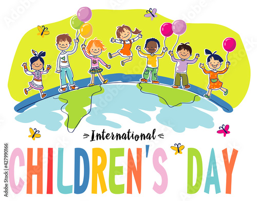 International Children's Day - June 1. The image of funny children of different nationalities on the globe.