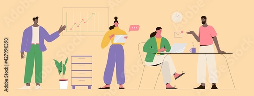 People working together in the office, analysing data, planing, discussing projects. Vector illustration of teamwork concept