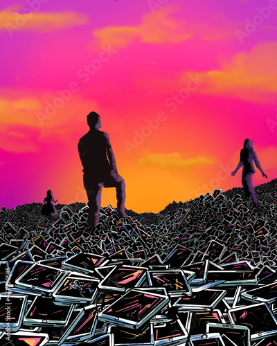 a sea of smartphones with silhouette people at sunset