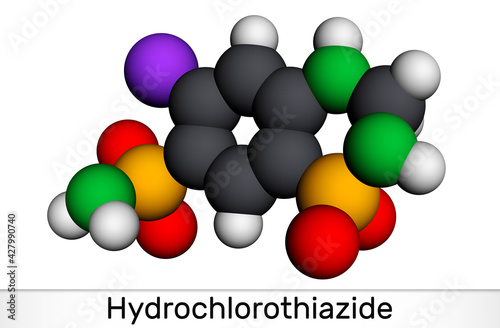 Hydrochlorothiazide, HCTZ, HCT molecule. It is thiazide diuretic, used to treat edema and hypertension. Molecular model. 3D rendering photo