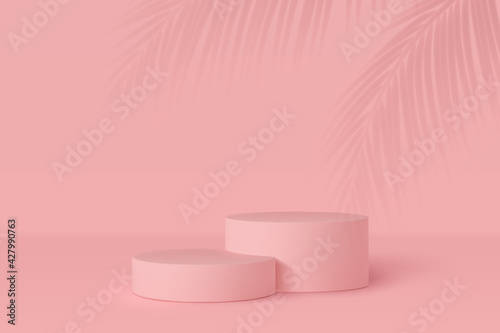3d podium scene with palm leaves shadow. Mockup for product presentation with copy space. Winner pedestal in studio, minimal background in pink or coral color. Vector illustration.