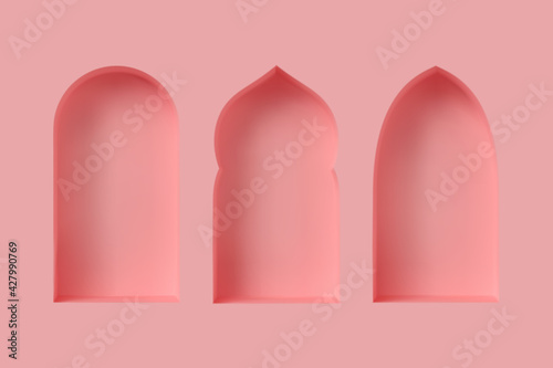 Set of 3d Arabic style windows. Architectural design elements for muslim holidays. Realistic minimal style. Vector illustration.