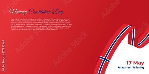 Norway constitution day design with flying norway ribbon flag and red background.