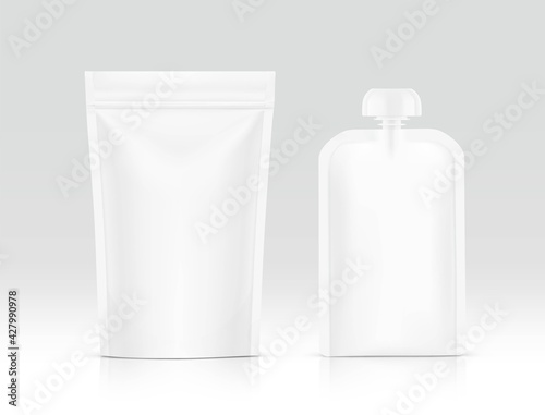 Food pouch bags mockup set. Vector illustration. Front view. Can be use for template your design, presentation, promo, ad. EPS10.	
