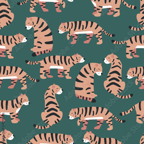 Photography Vector seamless pattern with cute tigers on green background