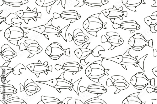 Seamless pattern with black linear ocean fishes