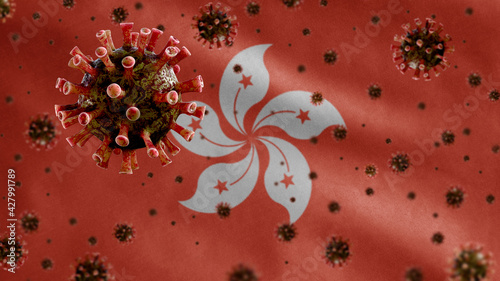 3D, Flu coronavirus floating over Hongkong flag. Hong Kong and pandemic Covid 19 photo