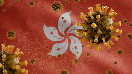 3D, Hongkong flag waving with Coronavirus outbreak. Hong Kong Covid 19 photo