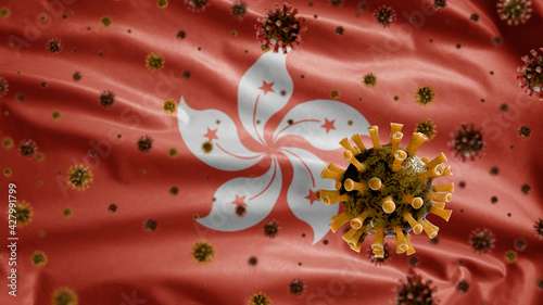 3D, Hongkong flag waving with Coronavirus outbreak. Hong Kong Covid 19 photo