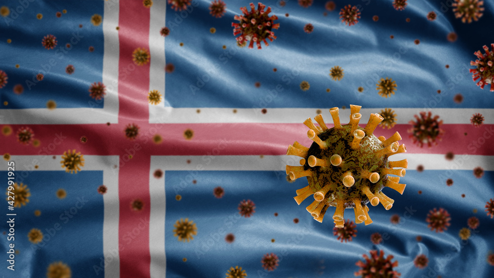 3D, Icelandic flag waving with Coronavirus outbreak. Iceland Covid 19