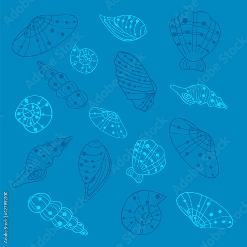 Linear sea and ocean shells in dark blue and light blue