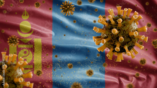 3D, Mongolian flag waving with Coronavirus outbreak. Mongolia Covid 19